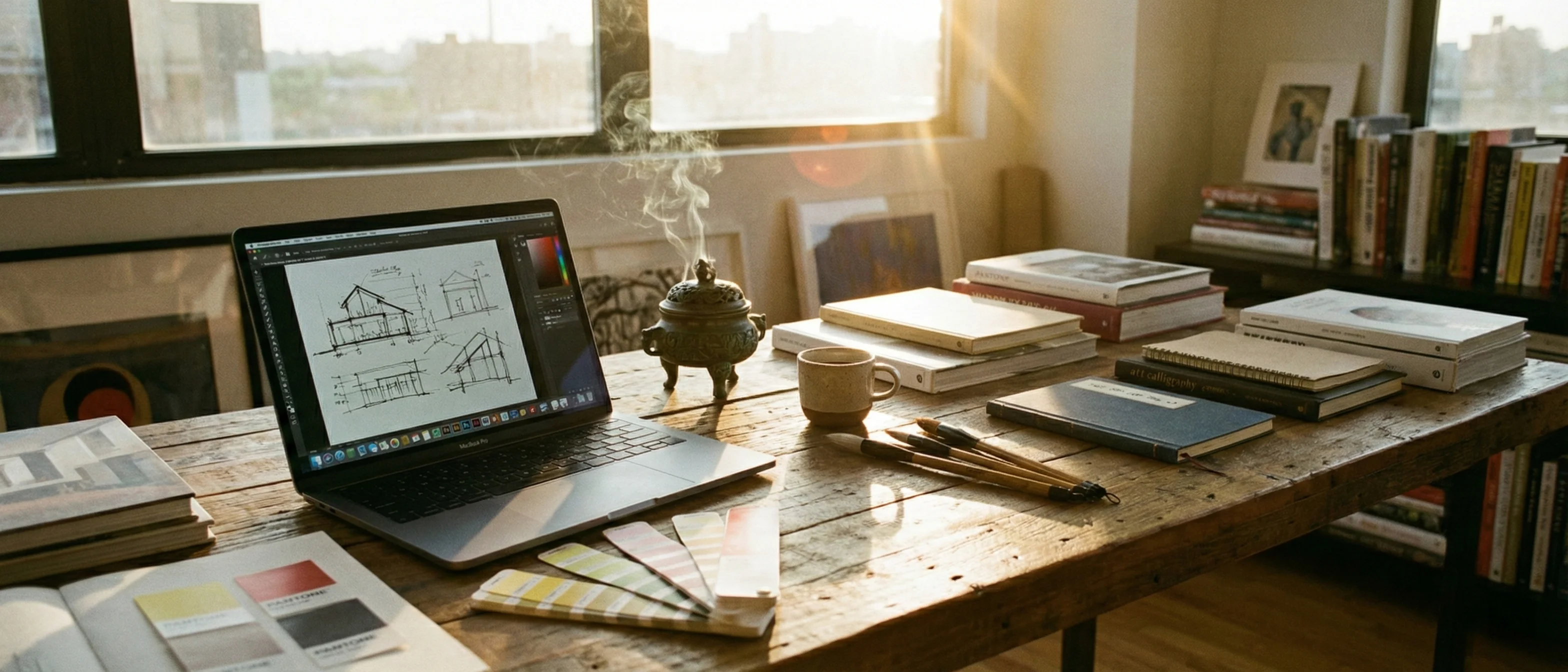 A modern creative studio with a laptop and ancient artifacts