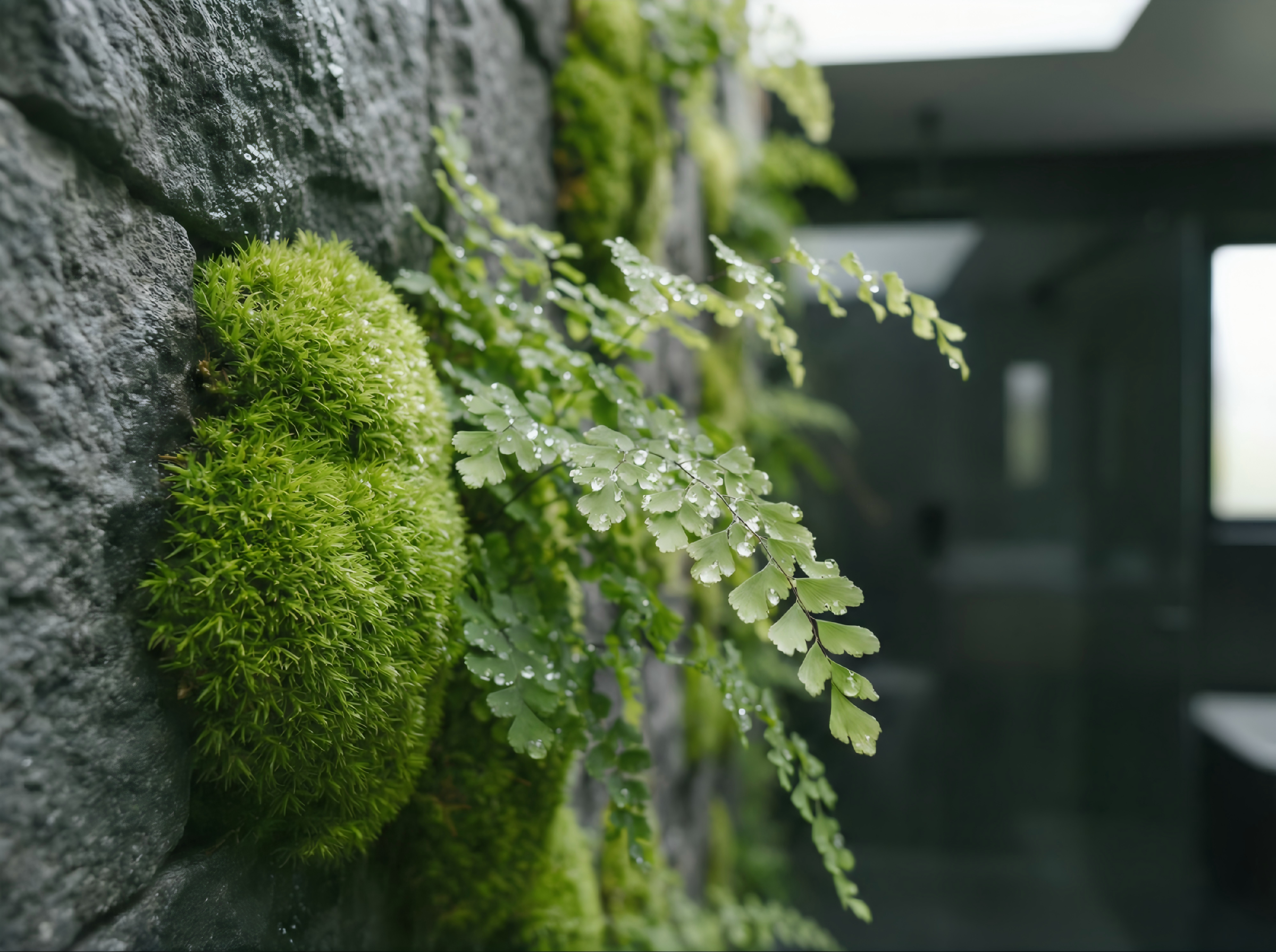 Macro shot of wet moss wall and fern against dark stone