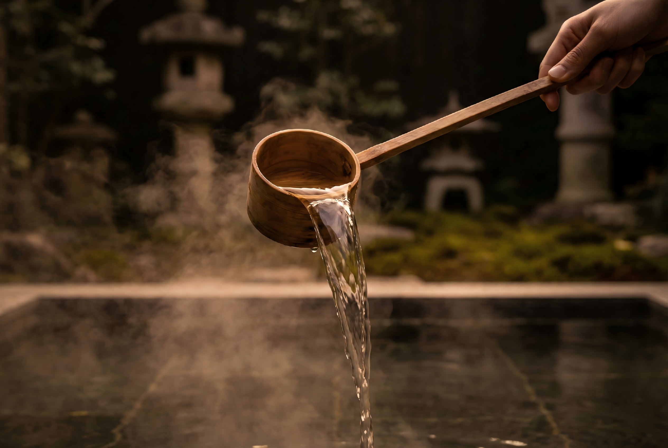Hand pouring water with Japanese wooden ladle, steam rising