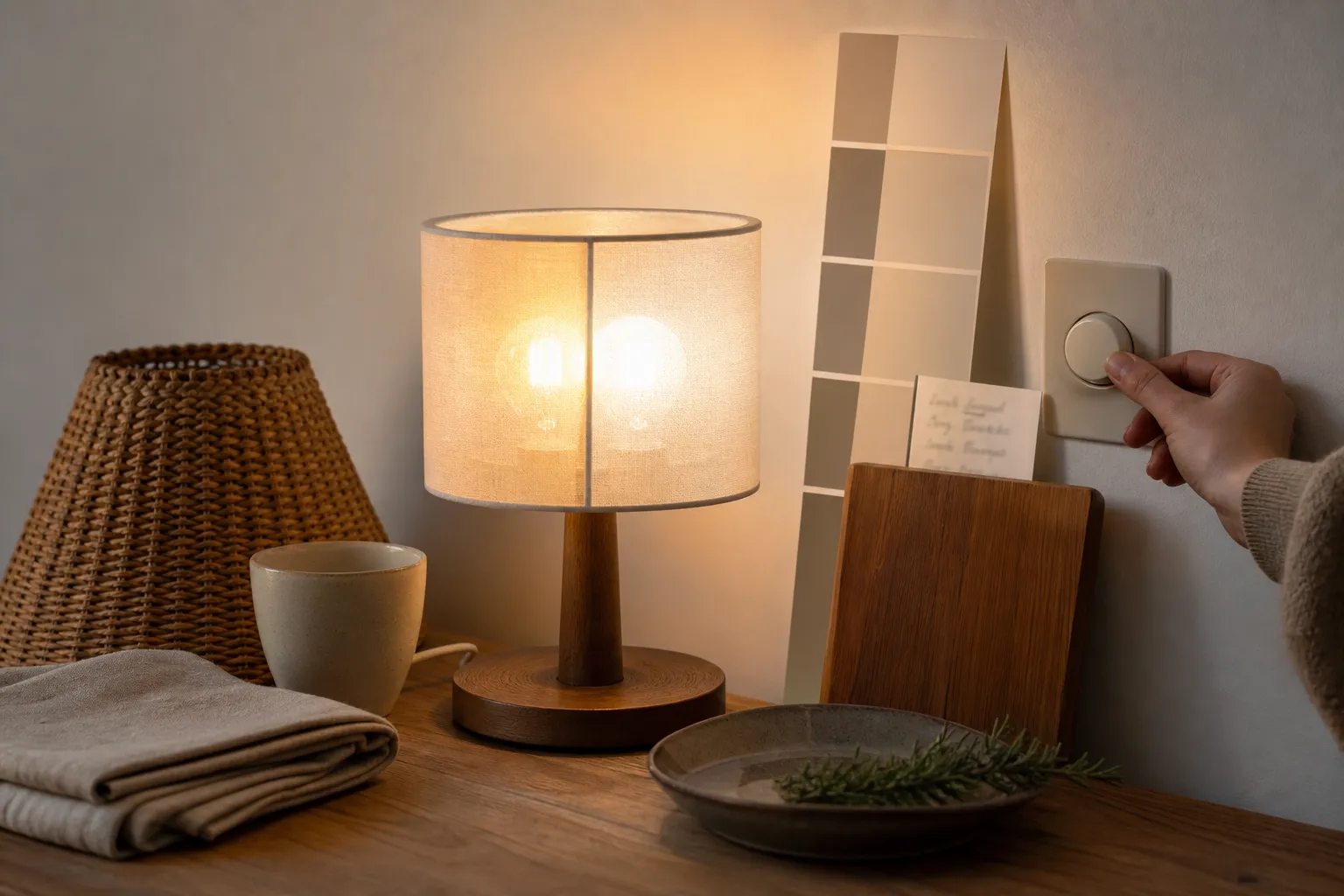 A warm bulb being tested near walls, a ceramic cup, wood, textile, and a shaded lamp