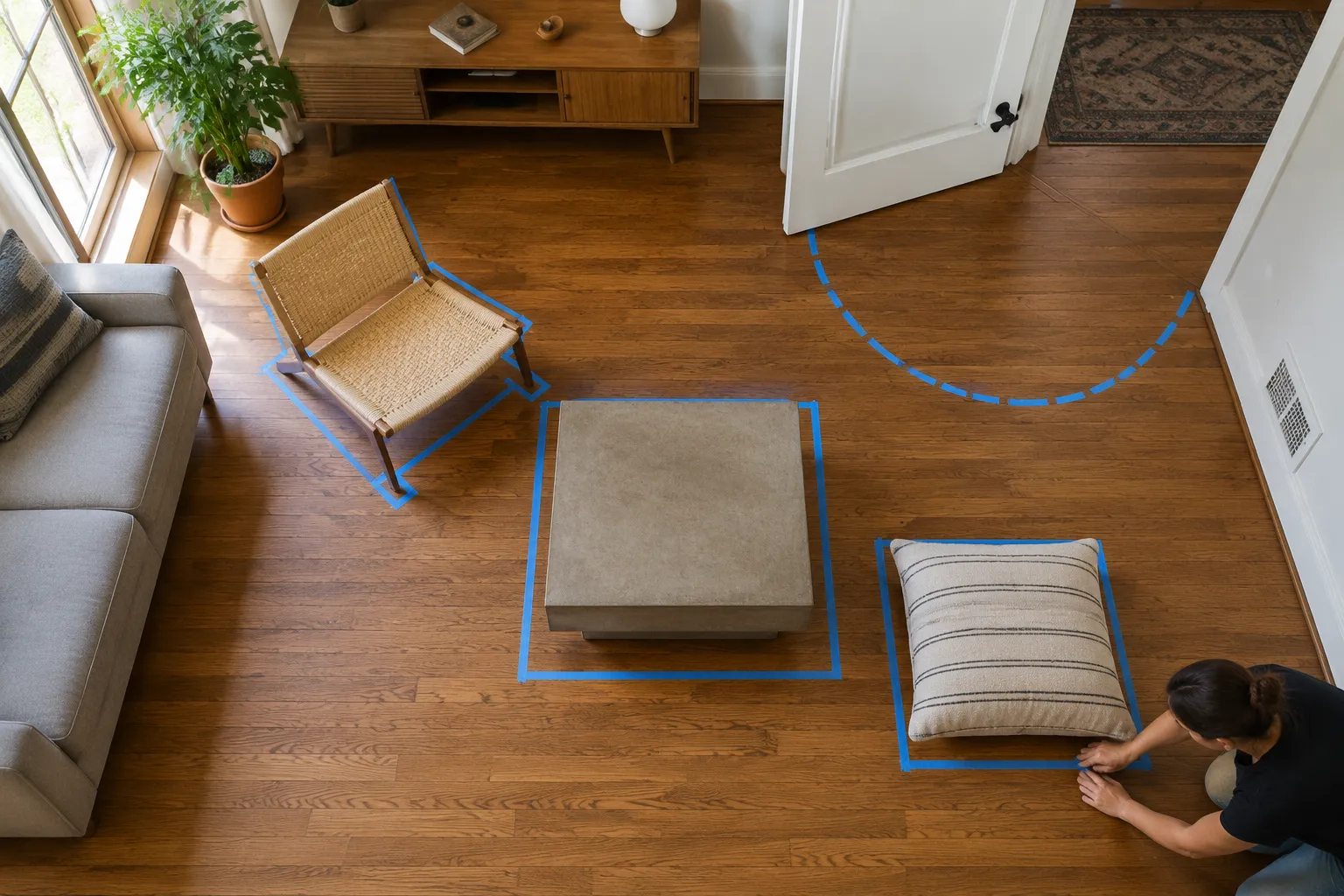 Painter's tape marking the projecting legs, angled chair back, table base, and door swing around low furniture