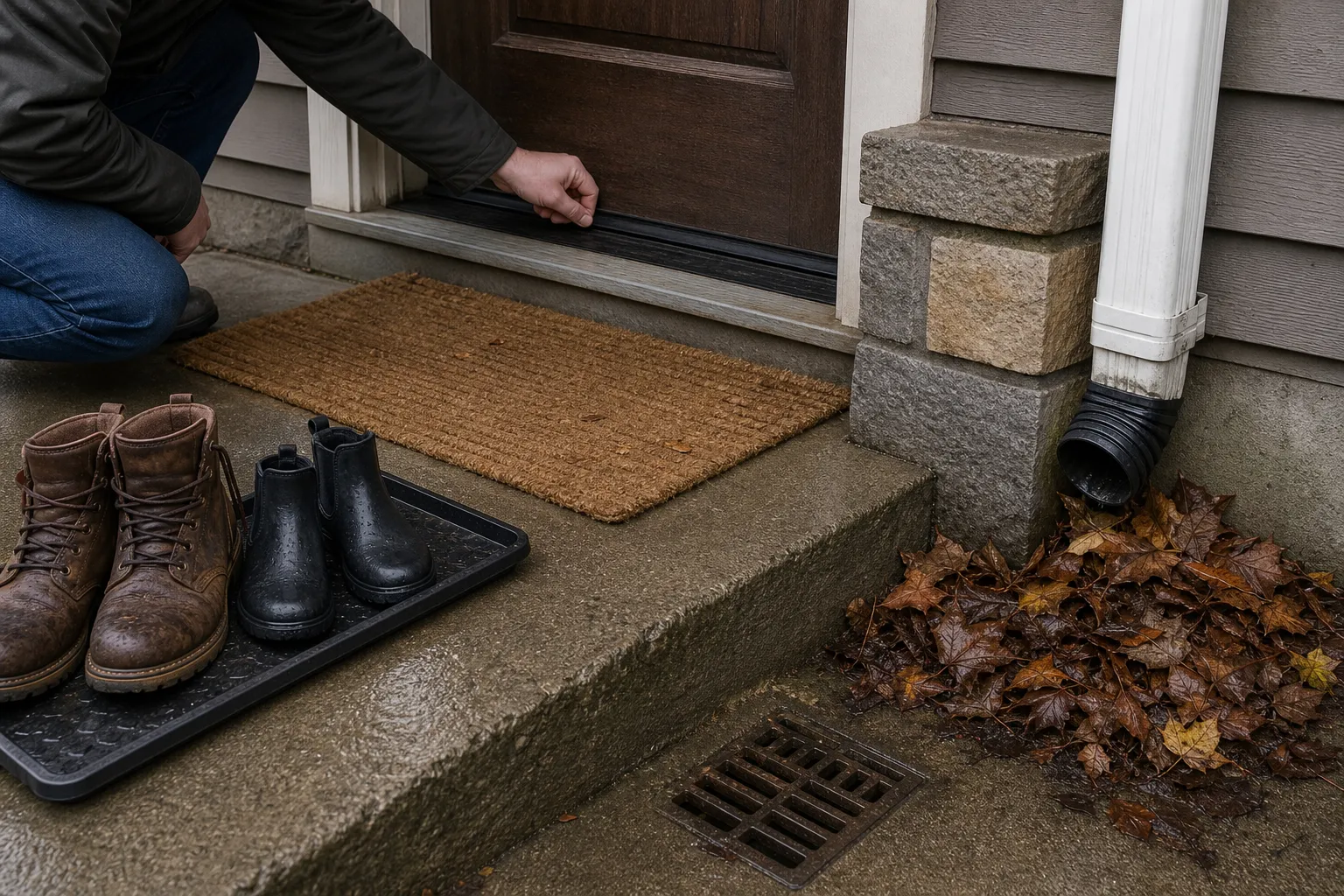 Autumn threshold with cleaned doormat, wet shoe tray, door draft check, and leaves cleared from a ground drain