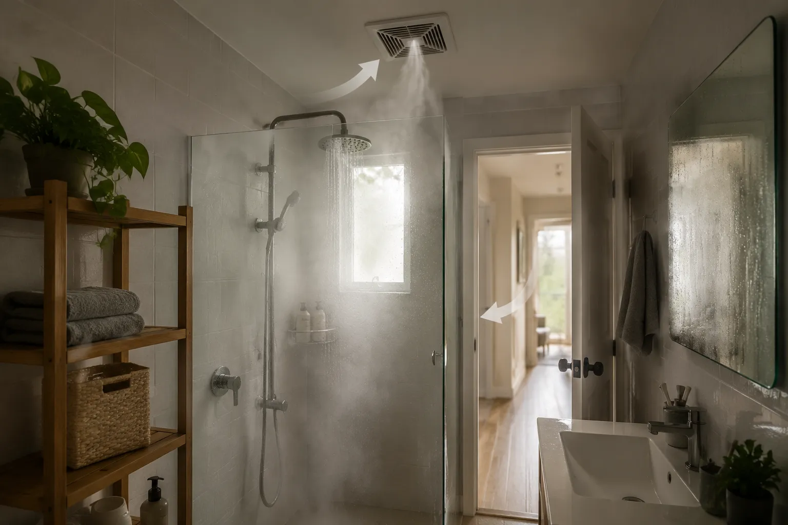 Small bathroom with a wood shelf placed beyond the shower splash path and an exhaust fan operating above