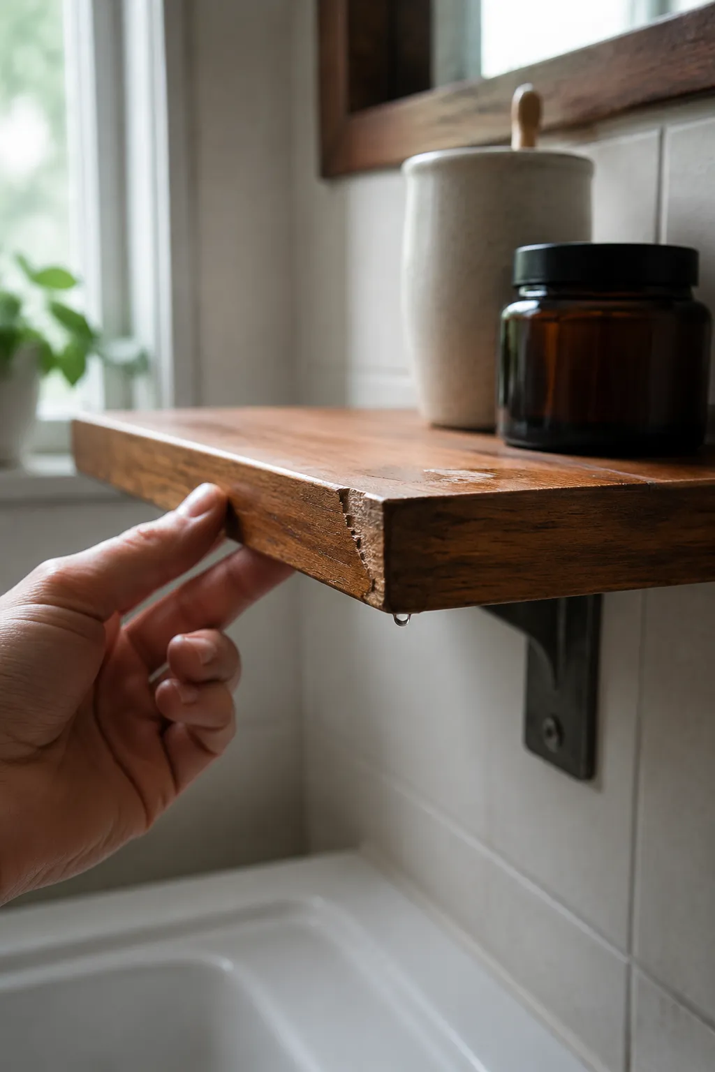 Wood bathroom shelf being checked for dampness beneath the edge, hardware movement, and finish changes