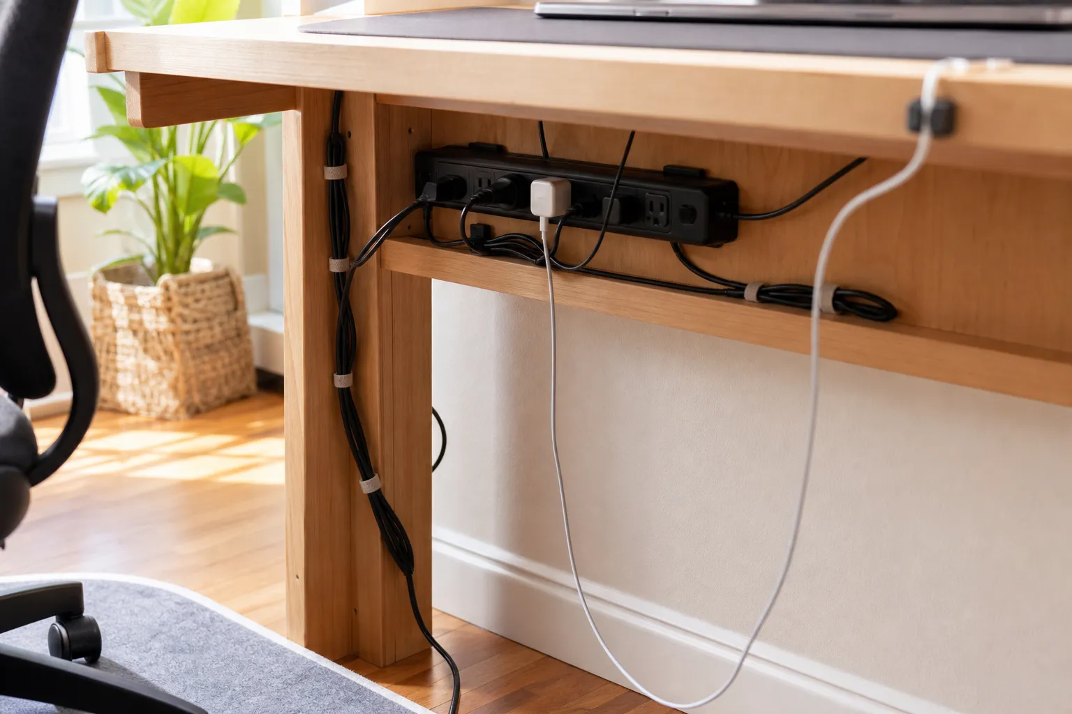 Under-desk cable routing with reachable power, loose ties, labeled cords, and one visible charging point