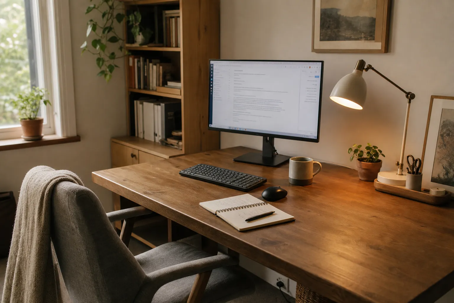 Calm home office desk with side daylight, controlled cables, reachable tools, and a clear work surface