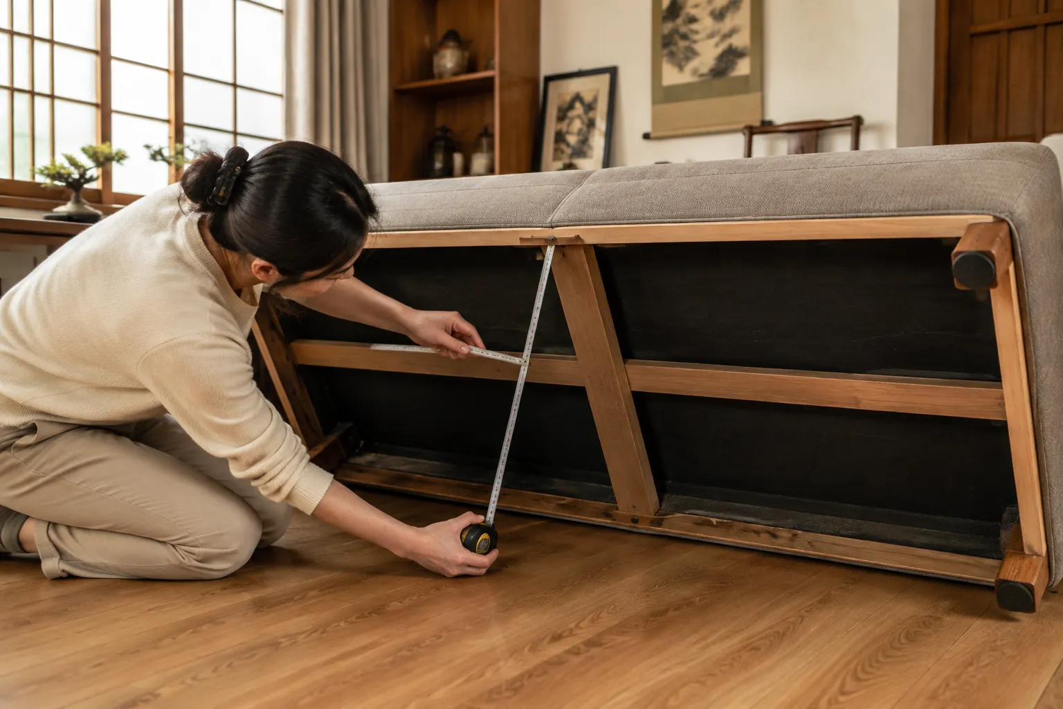 Low sofa underside being measured at its lowest obstruction, leg passage, and full depth
