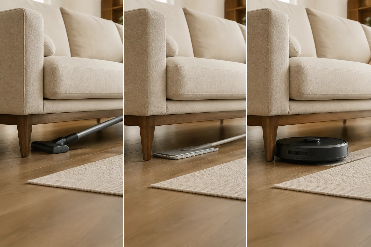Vacuum head, flat duster, and robot vacuum checked against the same low sofa route