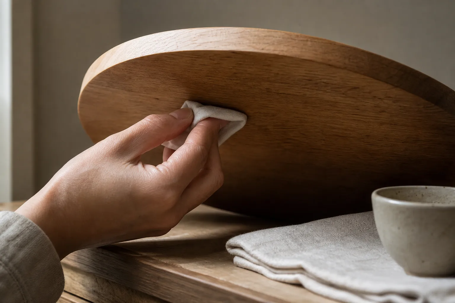 A small dry white cloth check on a hidden area of a natural home object