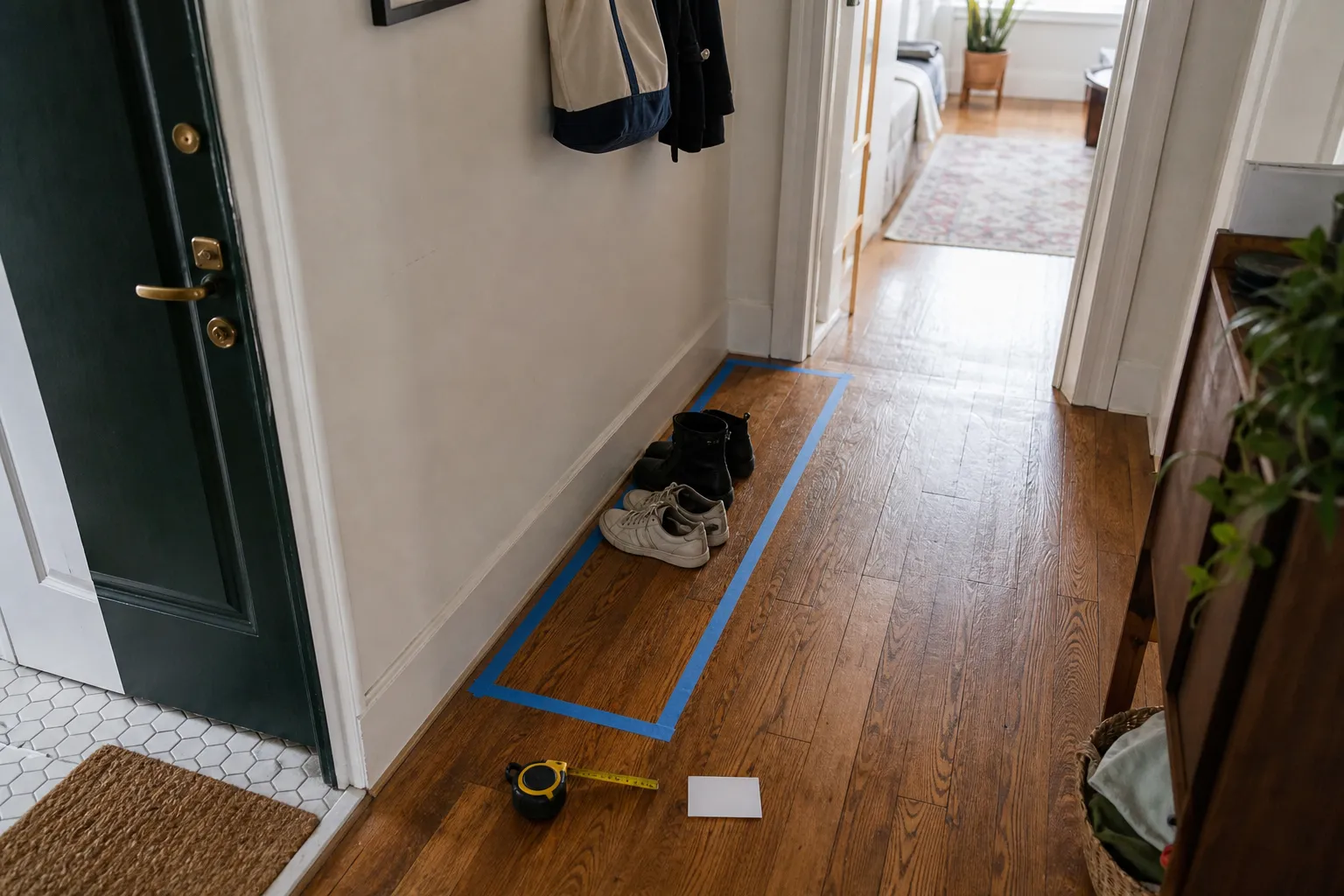 A taped entryway bench footprint near an open door showing the walking route and shoe storage area