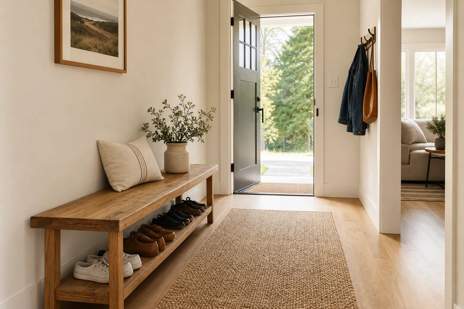 An entryway bench placed beside an open walking path with a small daily shoe rotation below it