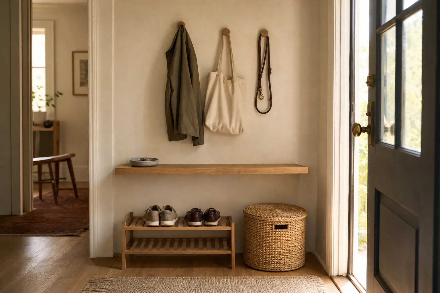 Calm entryway drop zone with a small landing surface, hooks, daily shoe storage, and one contained basket