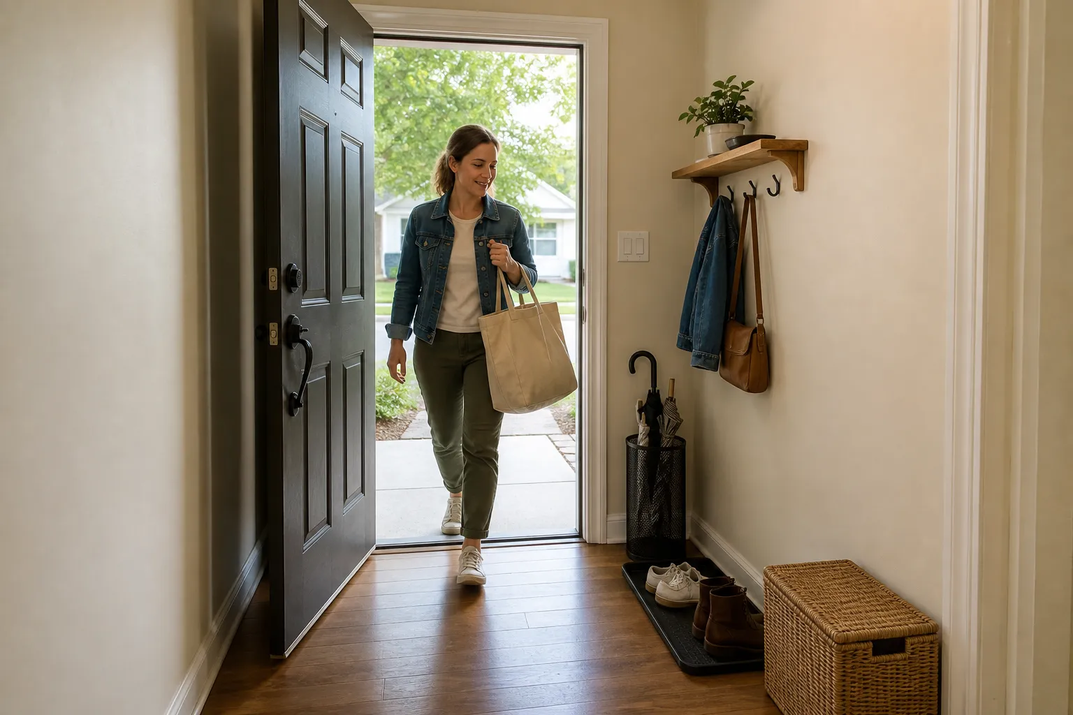 Entryway storage checked for full door swing, a clear first step, and bags kept out of the walking path