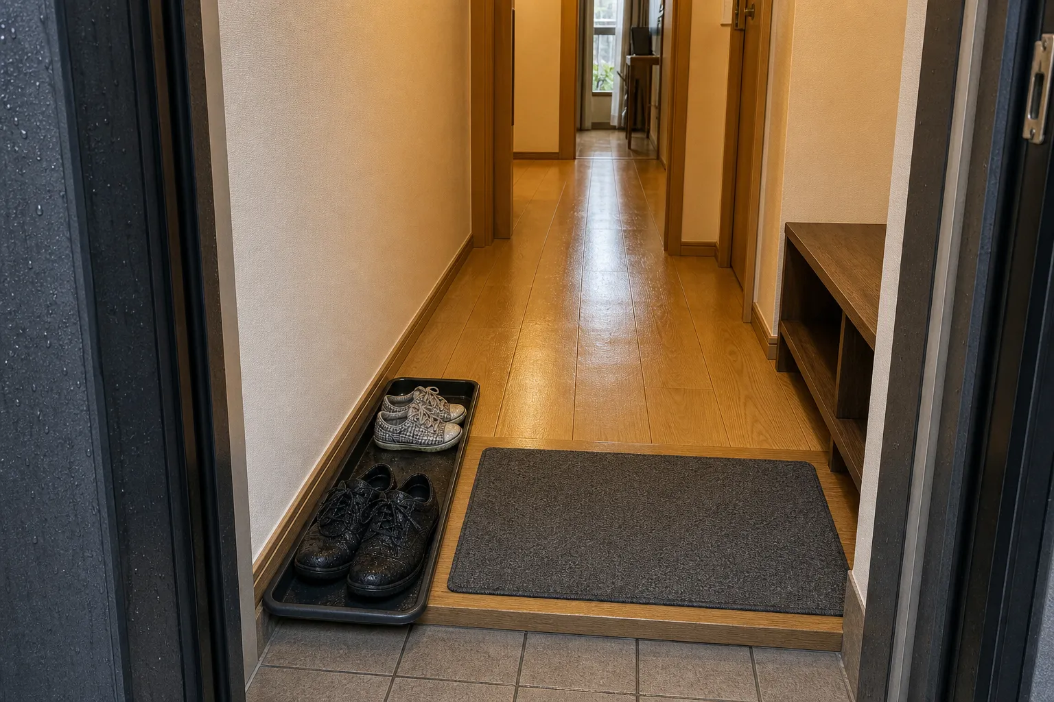 Narrow entryway with a shoe tray placed lengthwise along the wall so the door swing and walking line stay open