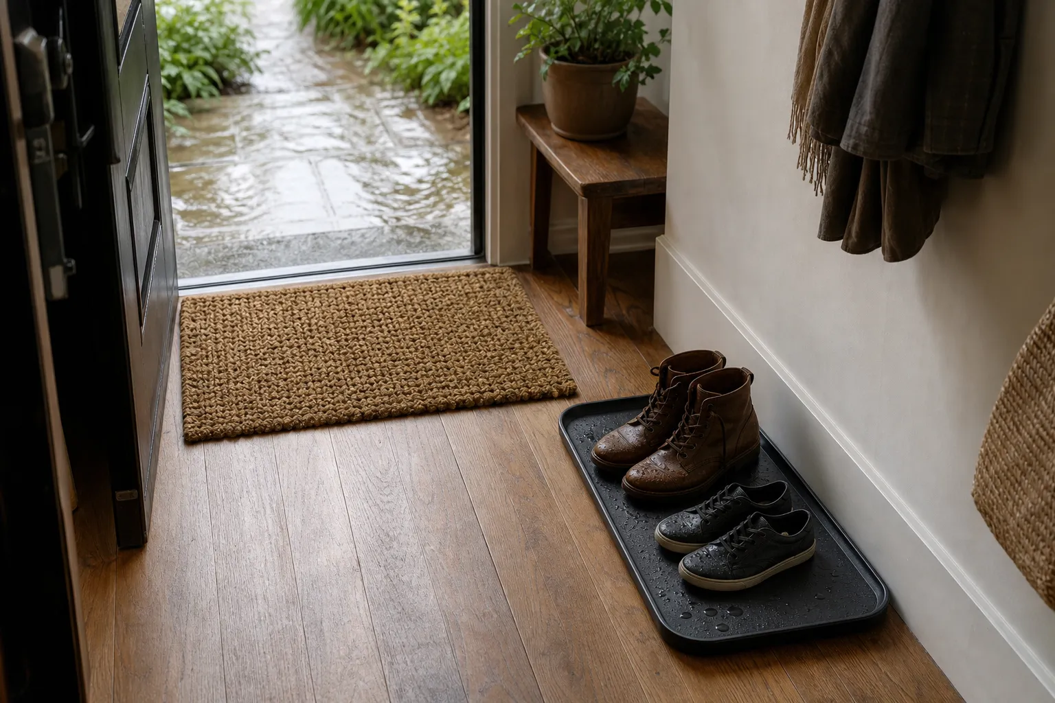 Wet weather entryway with a textured mat at the first step and a shallow shoe tray set beside the walking path