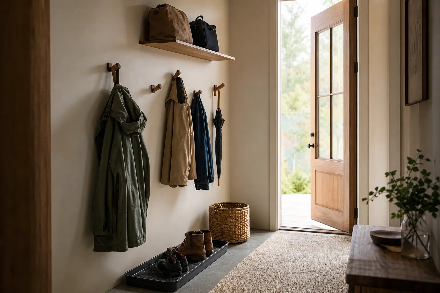 Narrow entryway using wall height for hooks and shelves above contained shoes