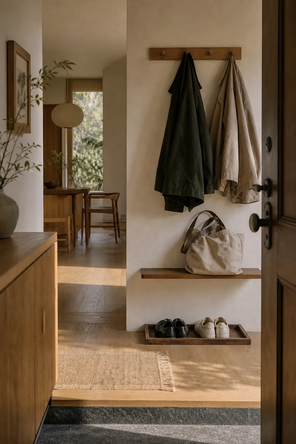 Small entryway with separate reachable zones for coats, bags, and shoes