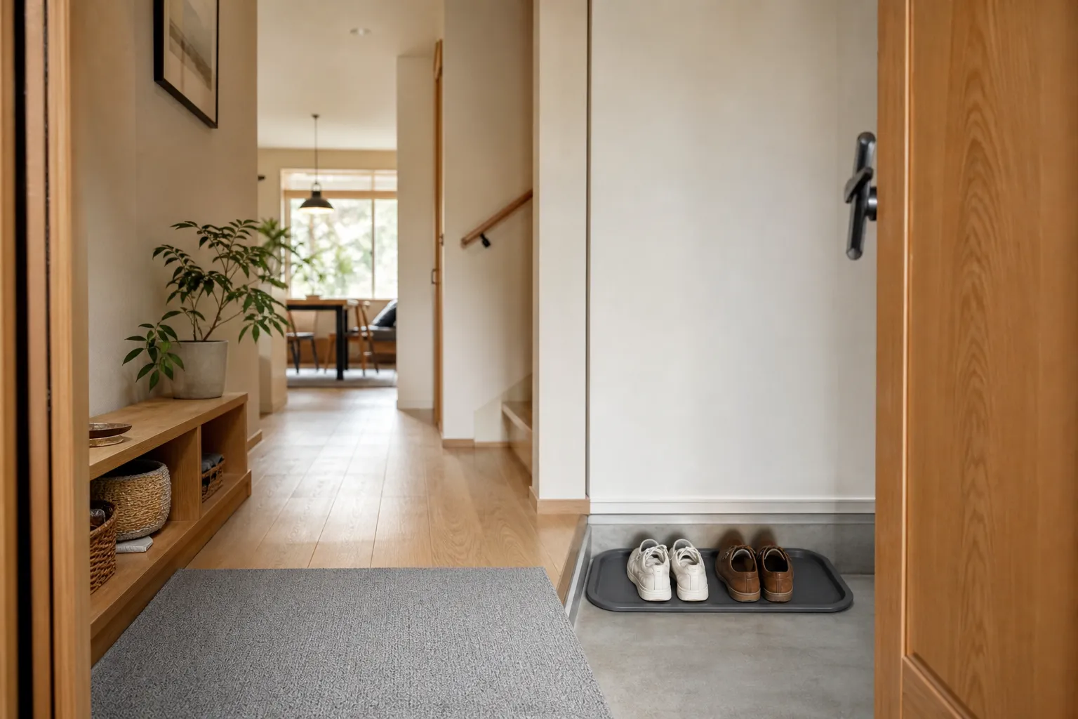 A clear entryway landing area with a washable tray placed beside the door swing for guest shoes