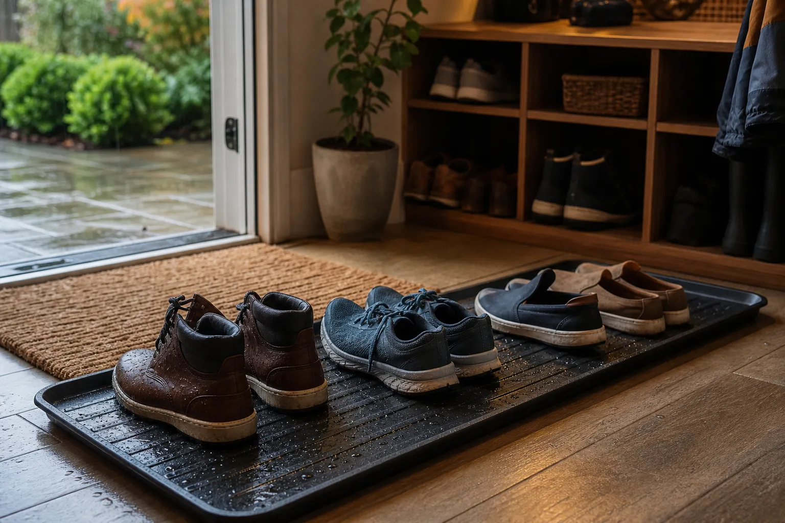 Wet guest shoes placed side by side on a cleanable entryway tray before moving to dry storage