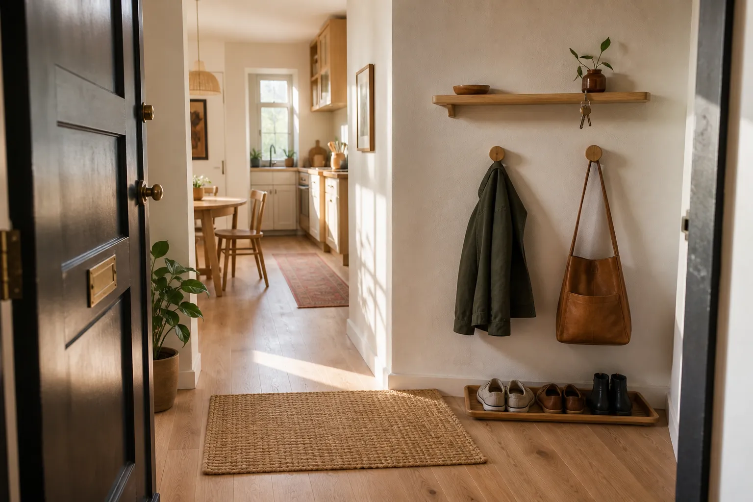A compact entryway with a clear walking route, a small shoe tray, wall hooks, and a shallow place for keys