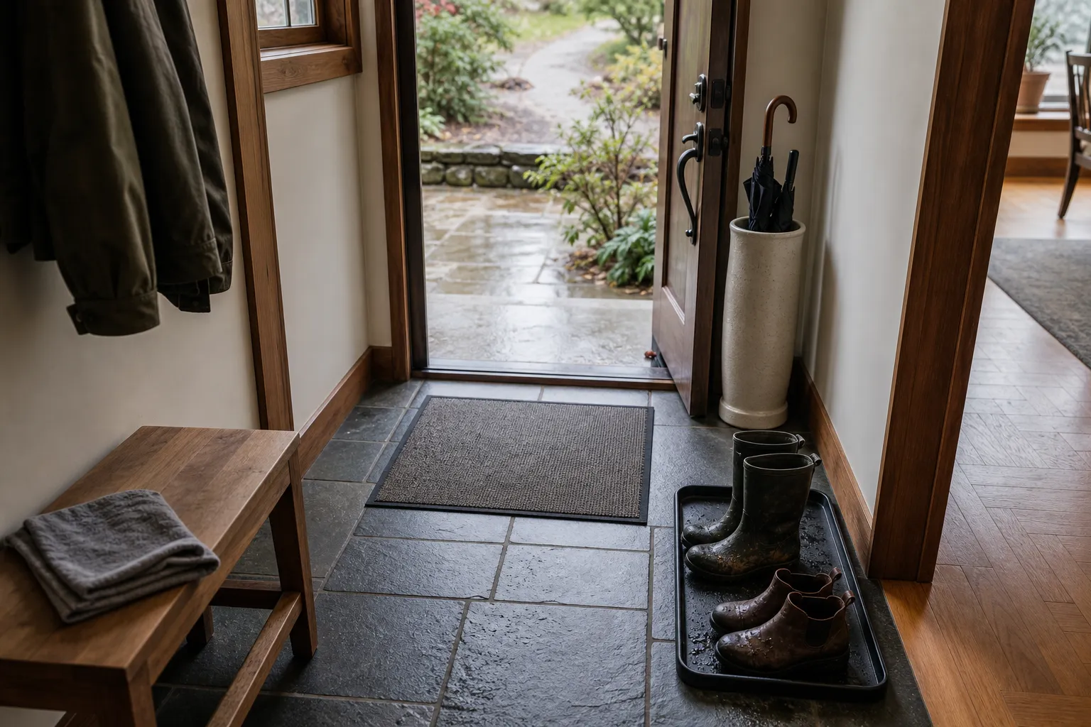A wet-weather entry setup with an indoor mat, a shoe tray beside the walking path, and an umbrella place near the threshold