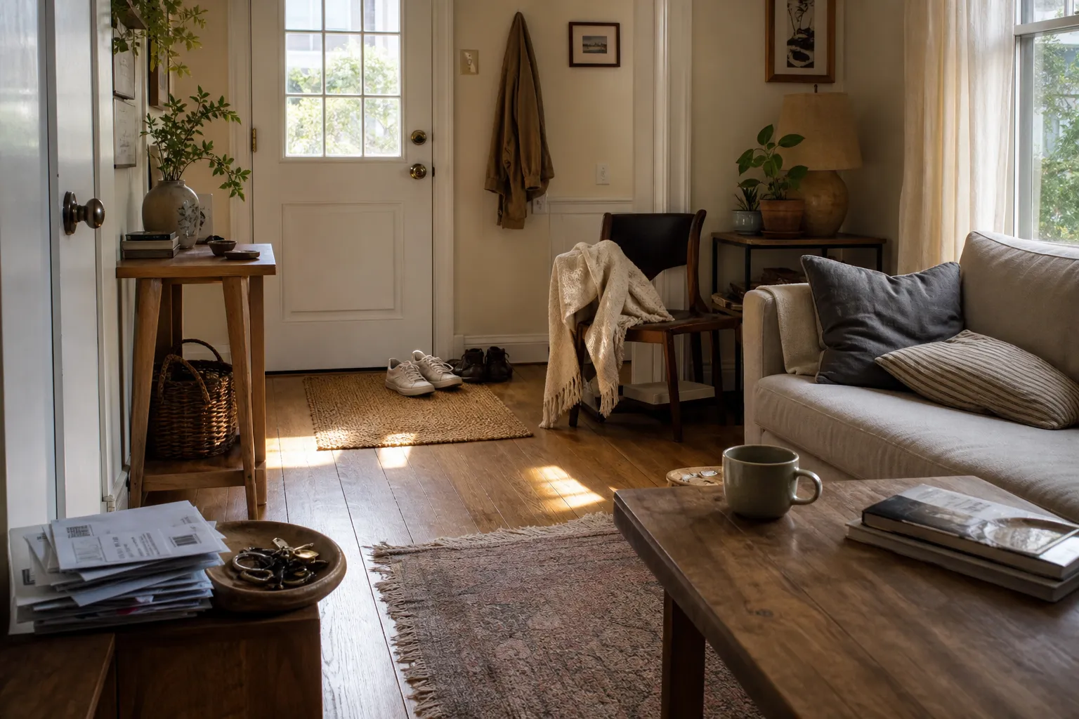 A lived-in room with shoes near the entry, a cup on a table, folded textiles, and clear return places for daily objects