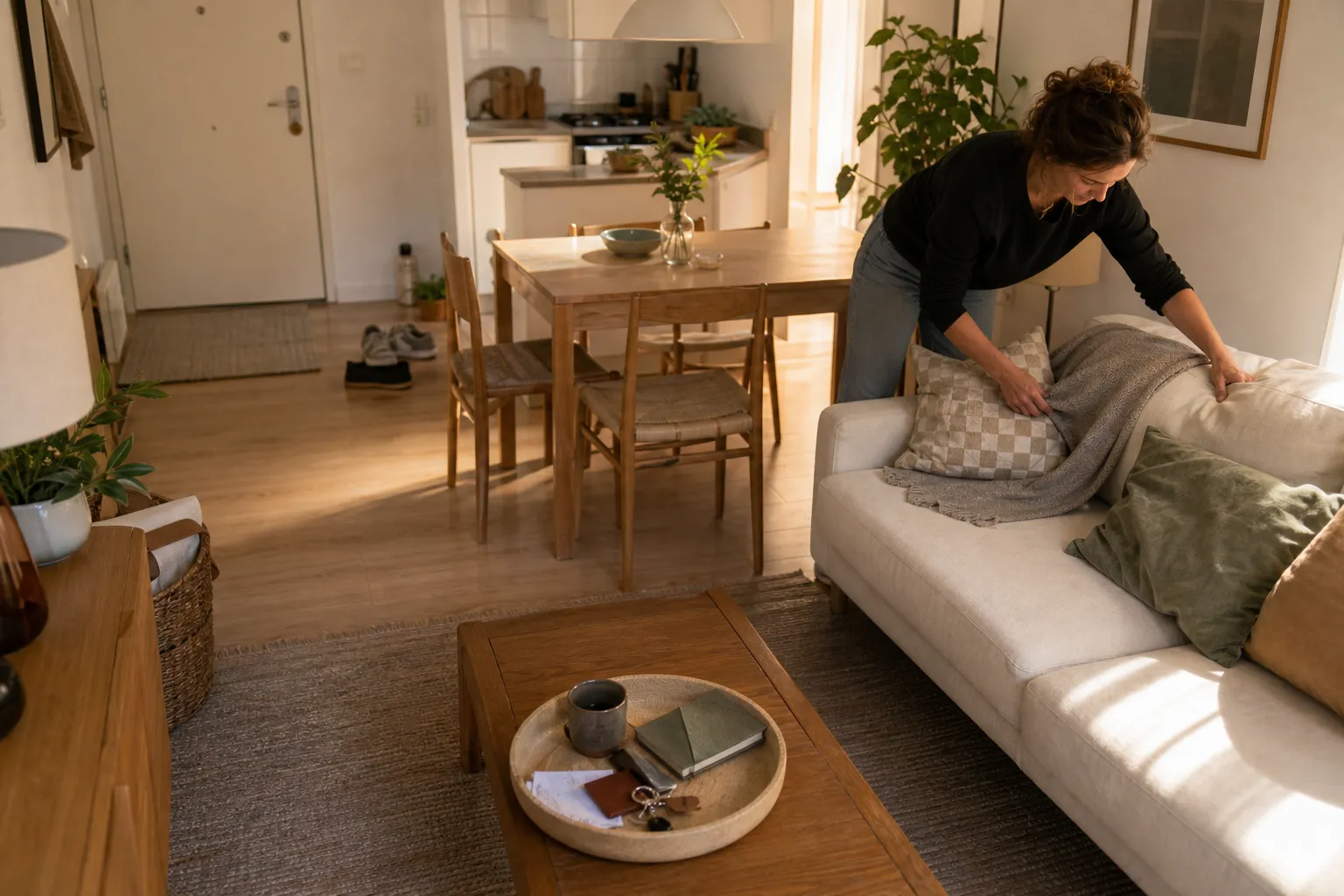 A simple room reset in progress with a tray of wandering objects, a cleared surface, folded textiles, and an open walking path