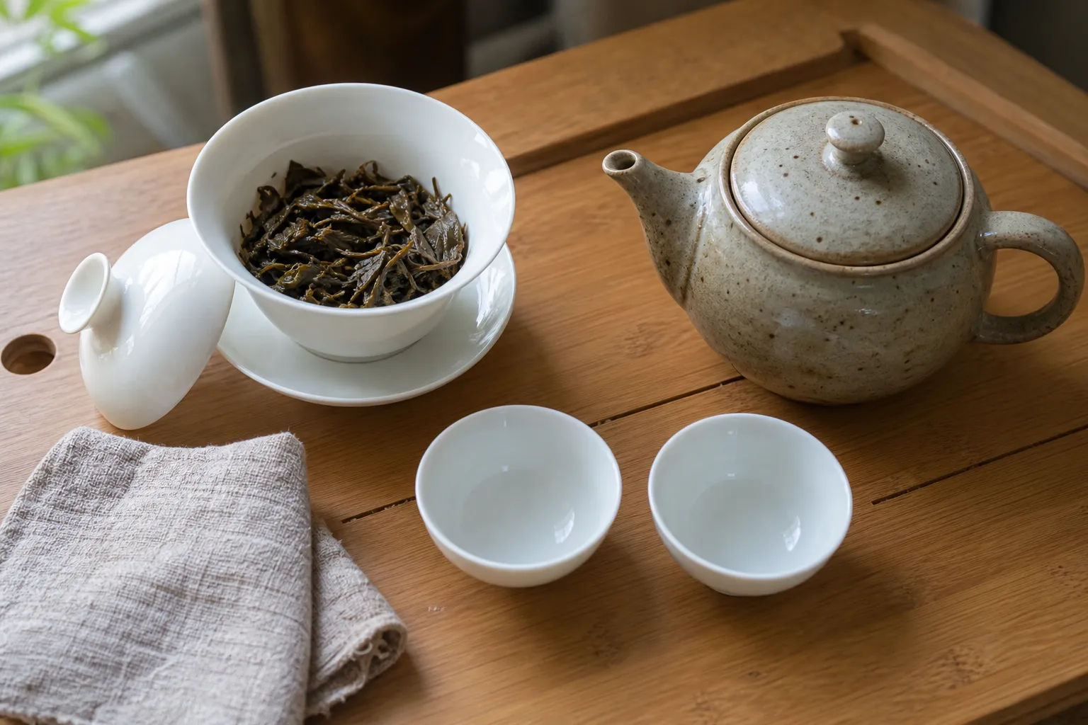A gaiwan and a small teapot set beside cups on a simple tea table for comparing daily tea use