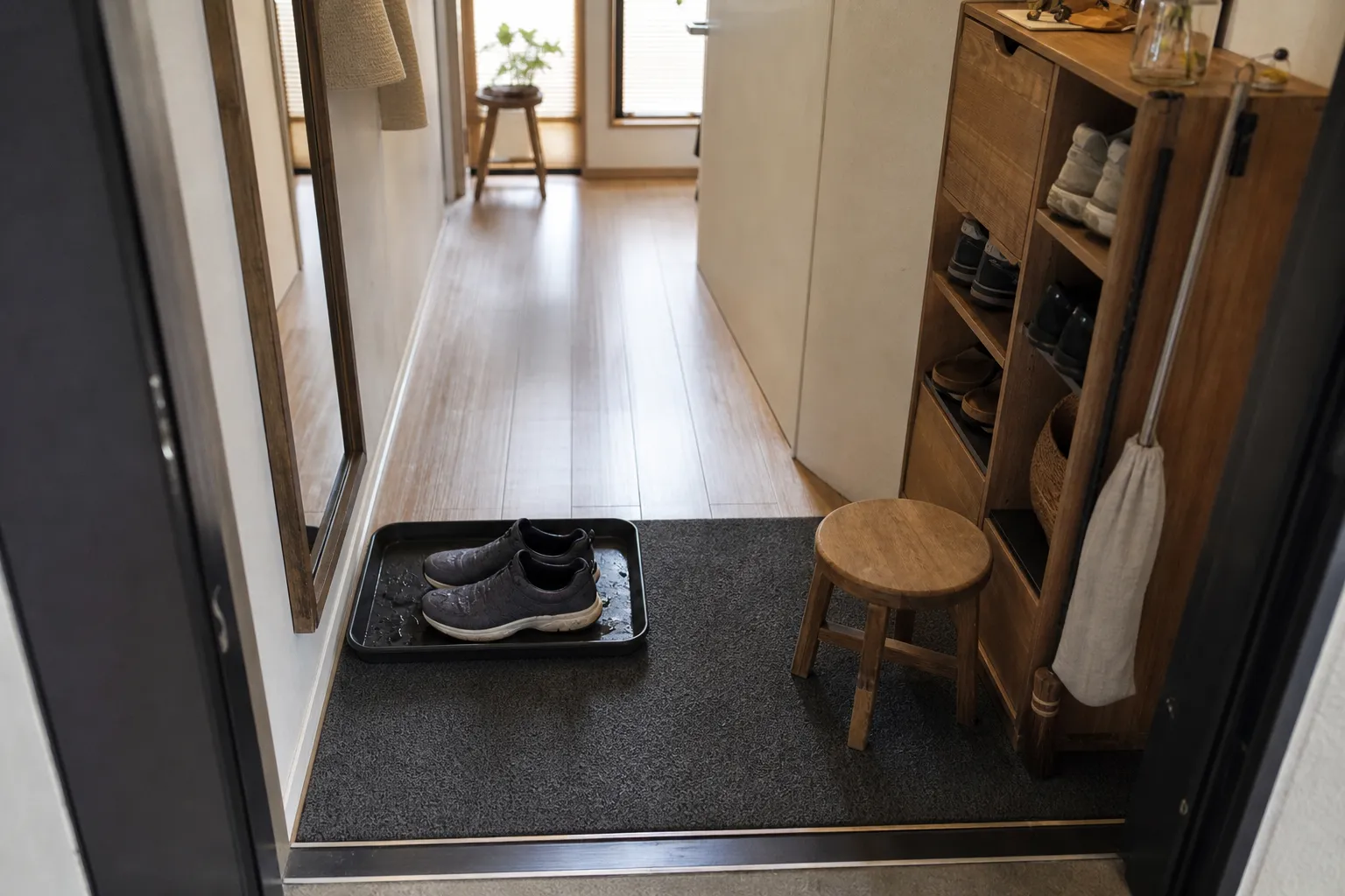 A no-construction entryway with a clear shoe-off mat, wet shoe tray, and clean indoor side