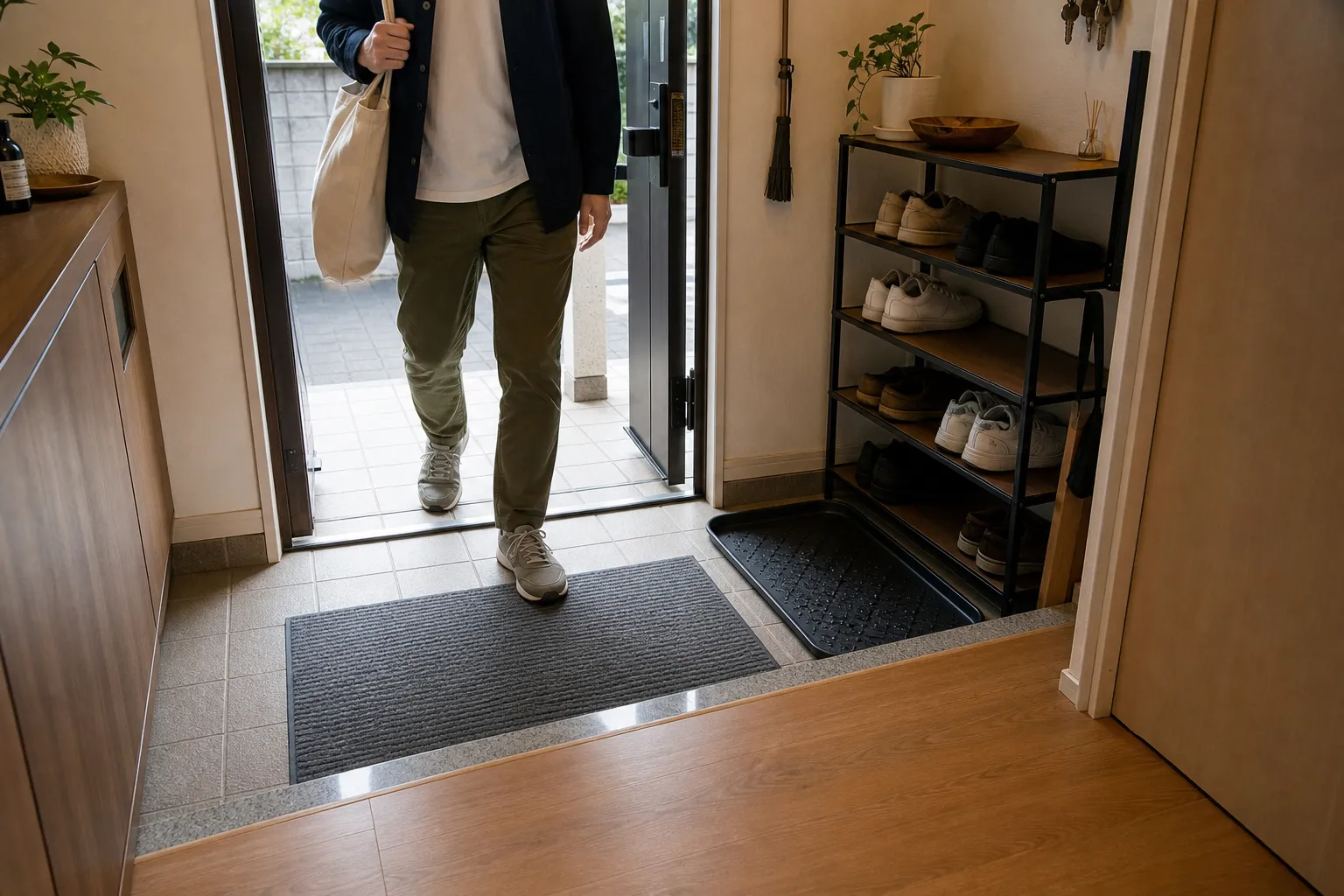 An entryway route being tested with bags while the door swing, mat, tray, and shoe storage stay clear