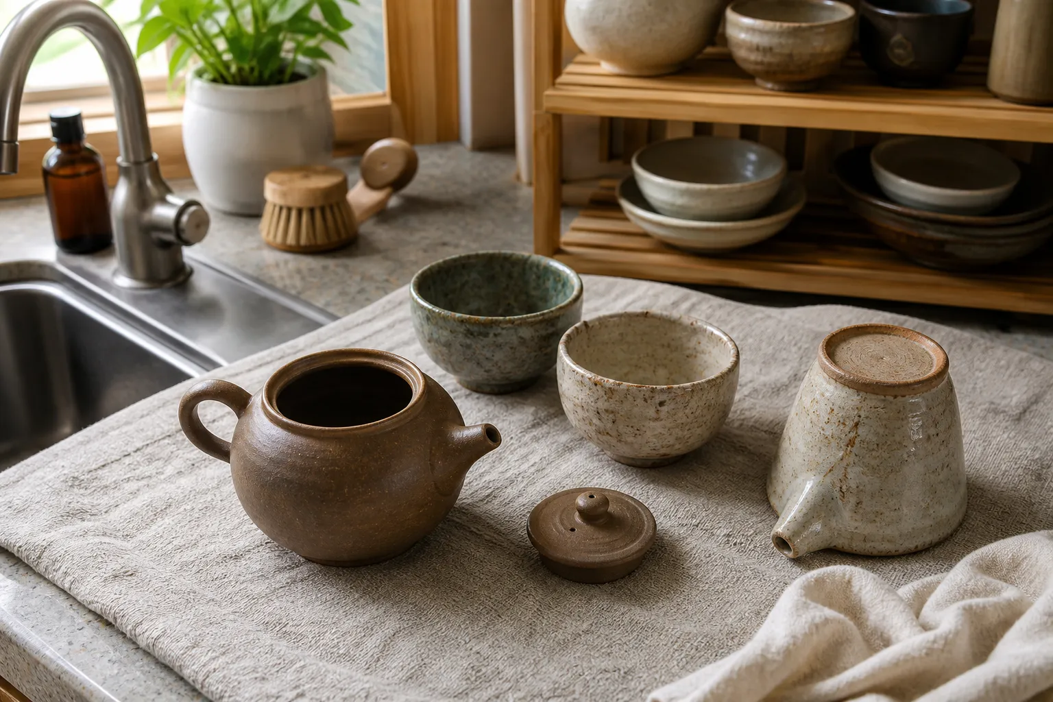Handmade tea ceramics drying separately with lids, spouts, foot rings, and textured surfaces protected from knocks