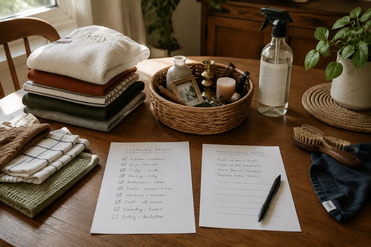 A seasonal reset plan with laundry, window cleaning supplies, and objects separated from maintenance notes