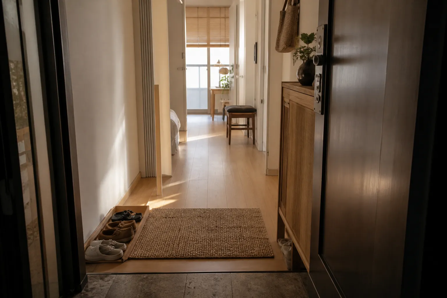 A calm entryway with one daily pair per person kept clear of the door swing and walking path