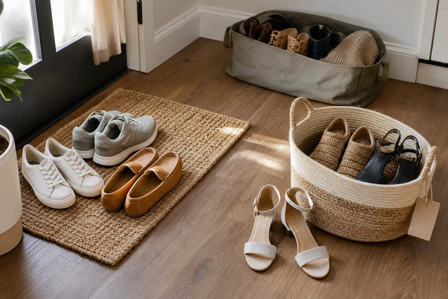Entryway shoes sorted into daily pairs, occasional pairs, and seasonal pairs before storage decisions