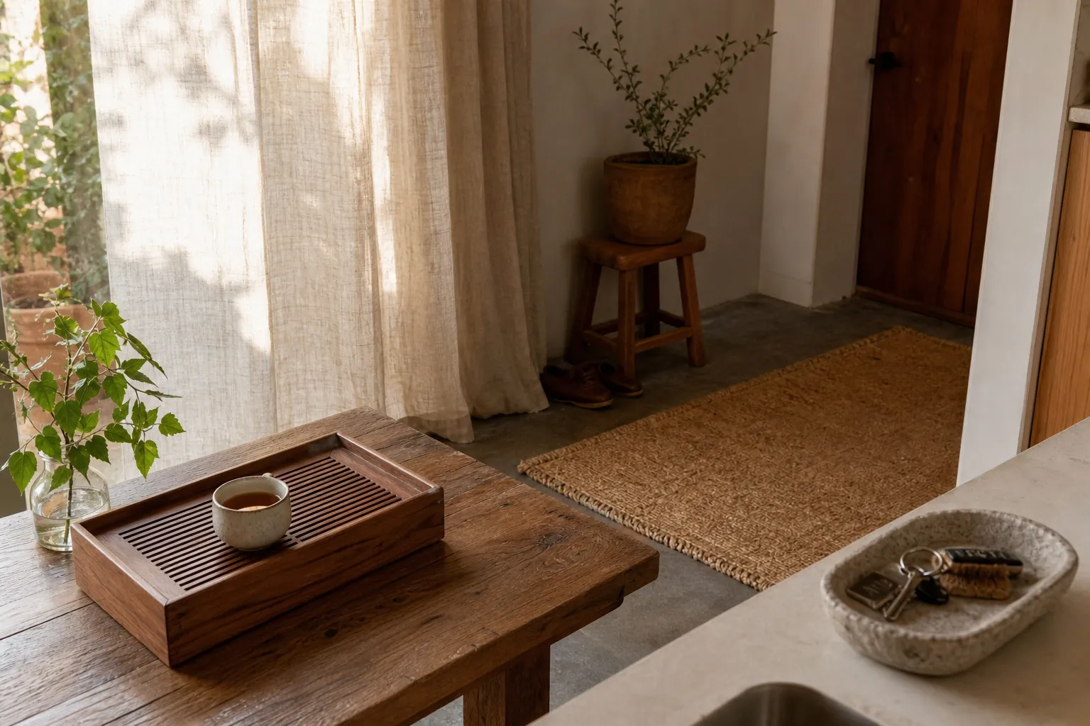 Natural home materials placed in daily-use zones, including wood, linen, stone, woven fiber, and ceramic objects