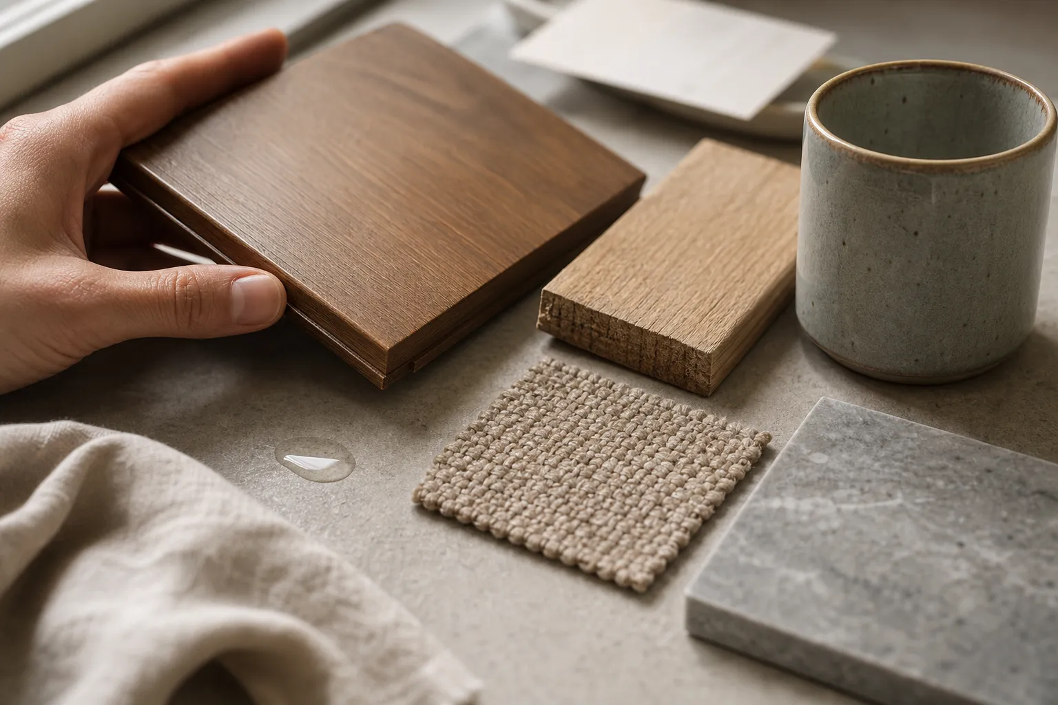 Close view of natural material surfaces showing sealed wood, woven fiber, stone, and ceramic finish differences