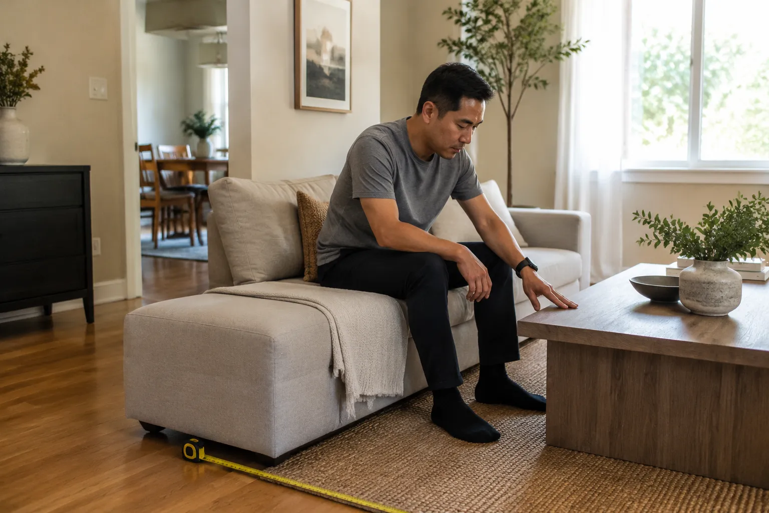 Person testing a low sofa beside a coffee table by sitting upright, reaching, and checking the room path