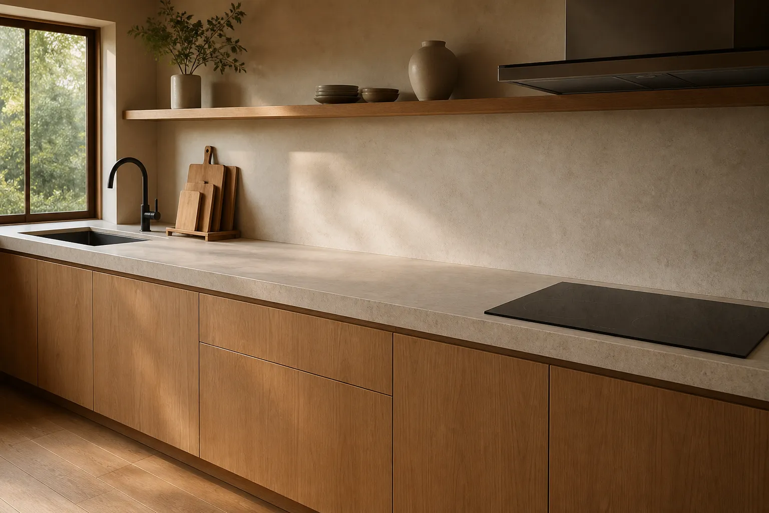 Japandi kitchen with dry wood board storage, open prep counter, and clear space beside the cooktop