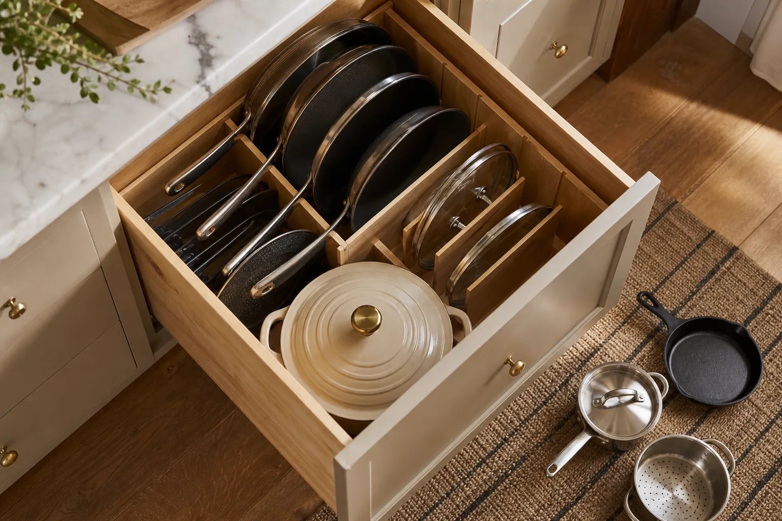 An organized deep kitchen drawer with pans, lids, and dividers arranged so frequently used cookware is easy to reach