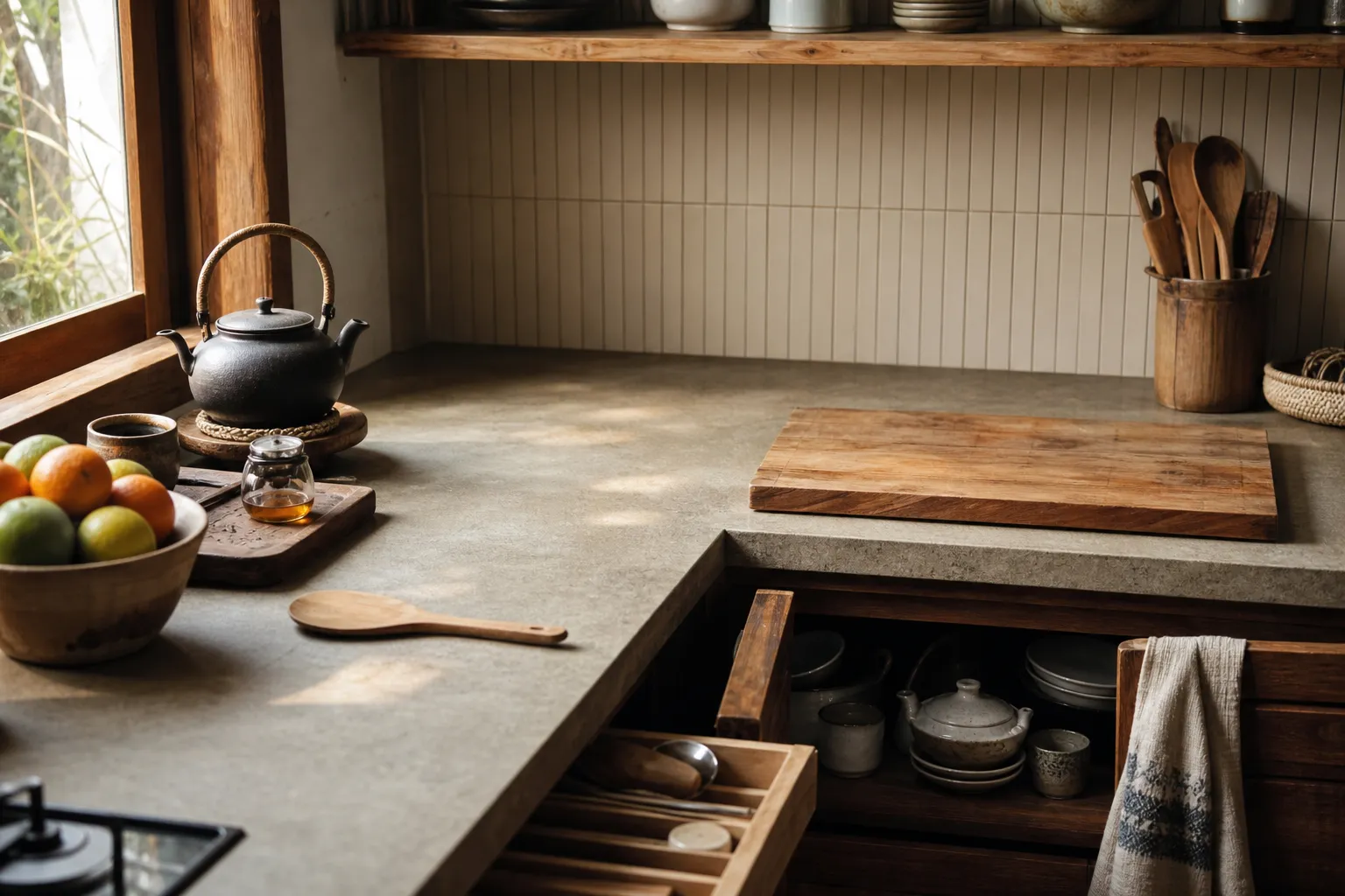 A calm kitchen counter with a protected prep area, a small daily tray, and nearby storage for frequently used tools