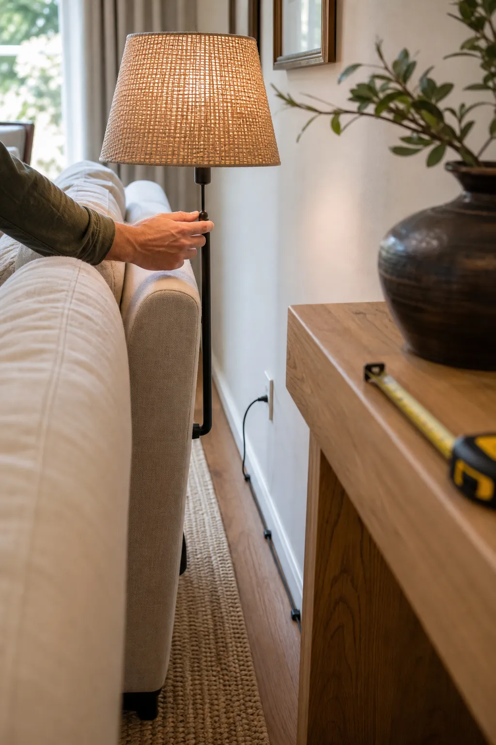 Close room check of a behind-sofa lamp showing shade height, cord route, and reachable switch