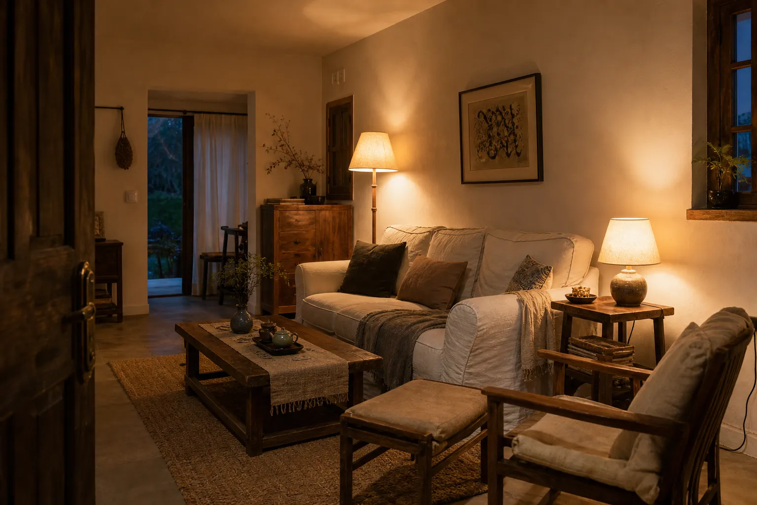Floor lamp and table lamp placed near seating, wall surfaces, and clear walking paths in a softly lit living room
