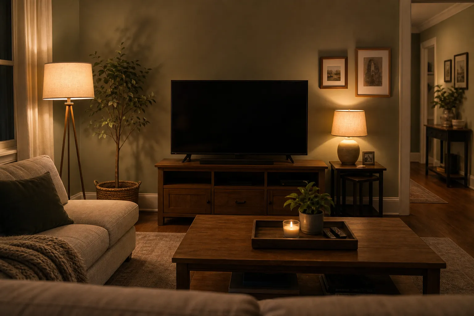 Shaded lamps placed around a sofa and television with cords kept away from walking paths