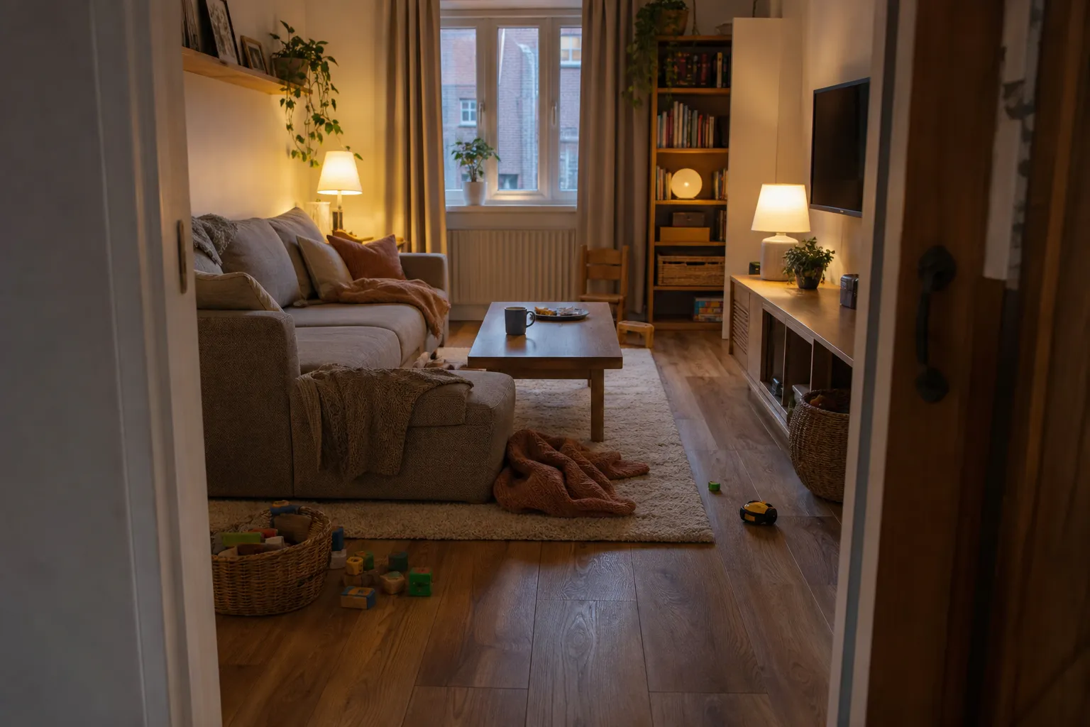 A lived-in living room seen from the doorway with a cup, throw, toys, and a clear walking path ready to be reset