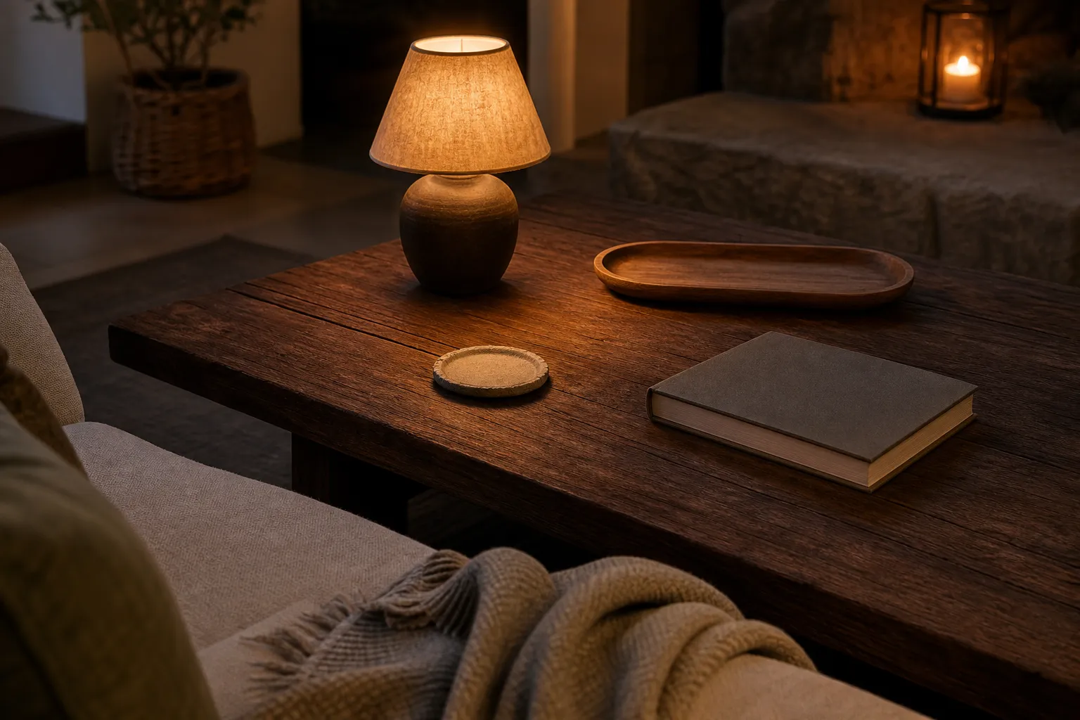 A coffee table reset for the evening with only a coaster, lamp, tray, and current book left in place