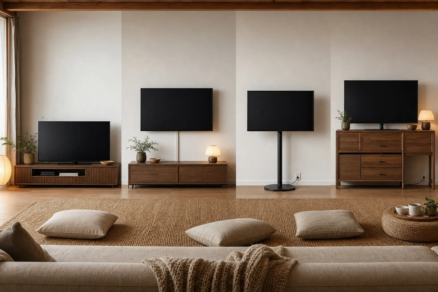 Low console, wall mount, and freestanding TV stand options considered for a low living room