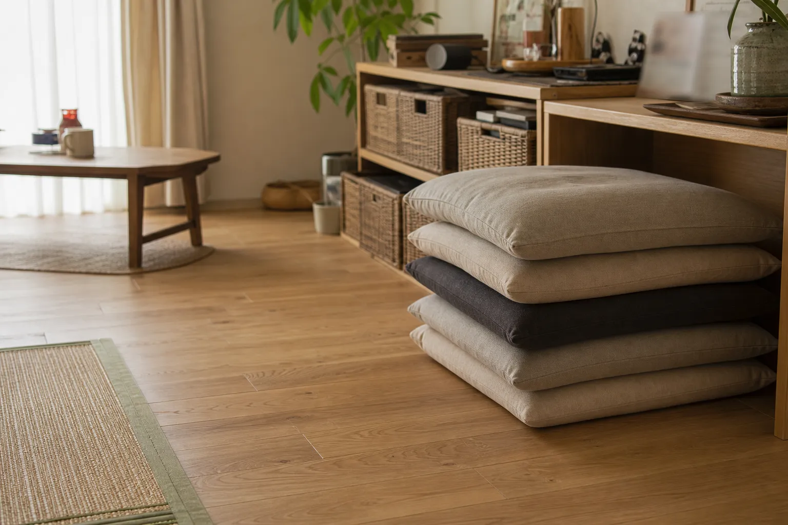 Floor cushions stacked near a wall with clear walking space in a living room