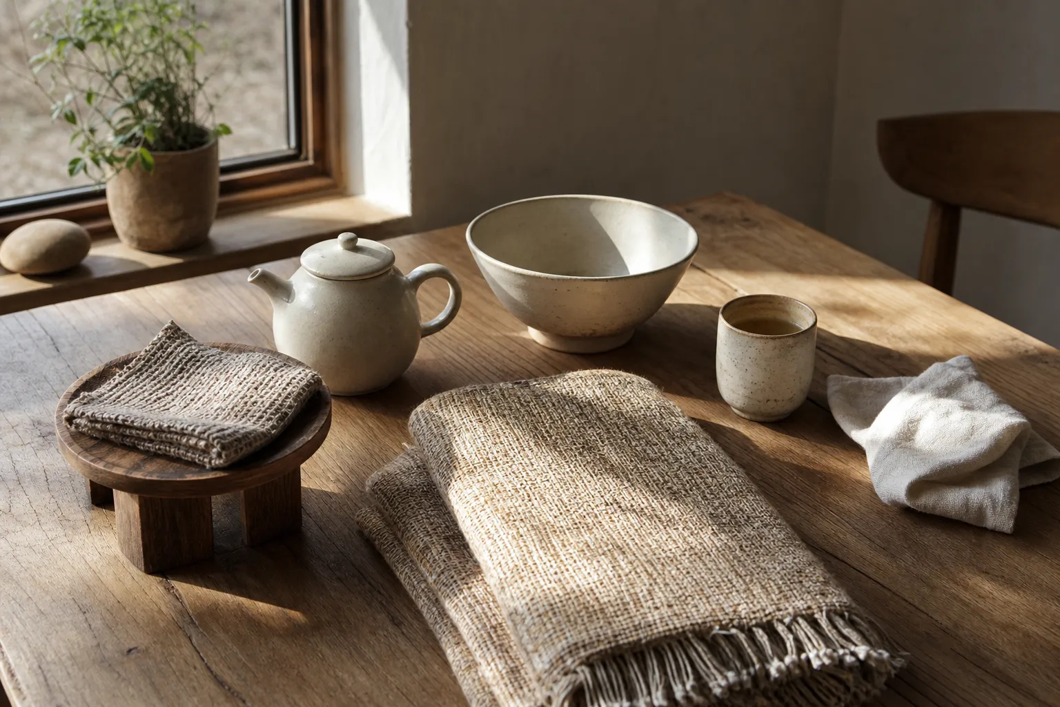 Ceramics, wood, woven textile, and tea ware considered for care needs, placement, moisture, sun, and daily handling