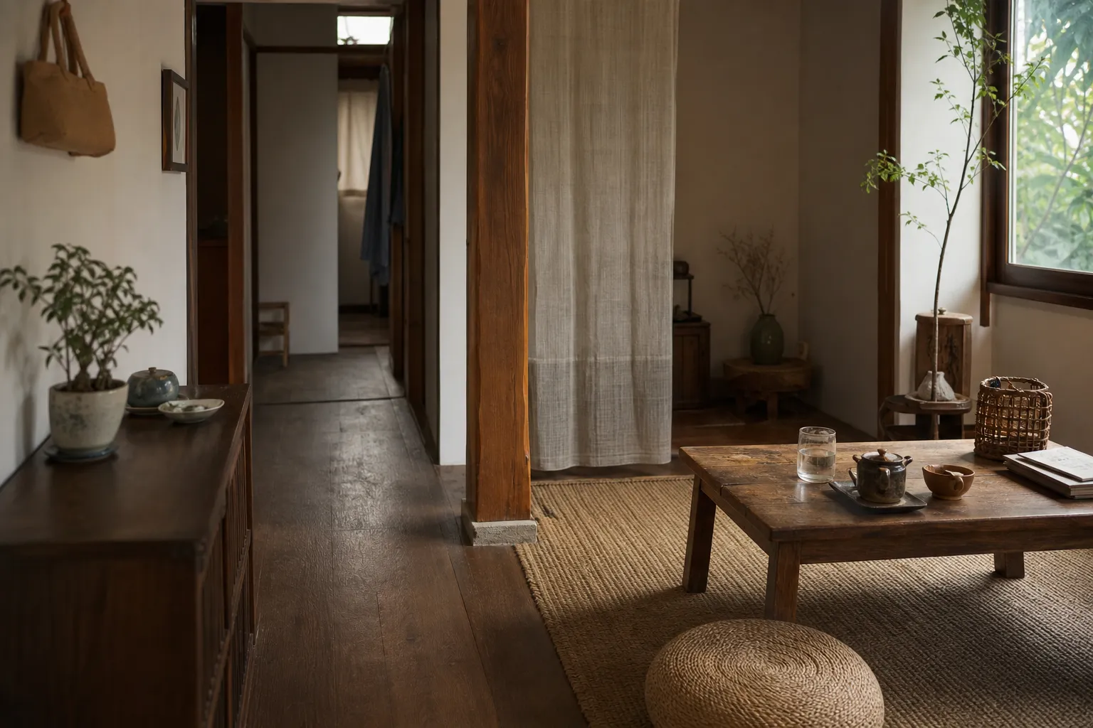 An ordinary room being observed for light, walking paths, surfaces, and airflow before any new object is added