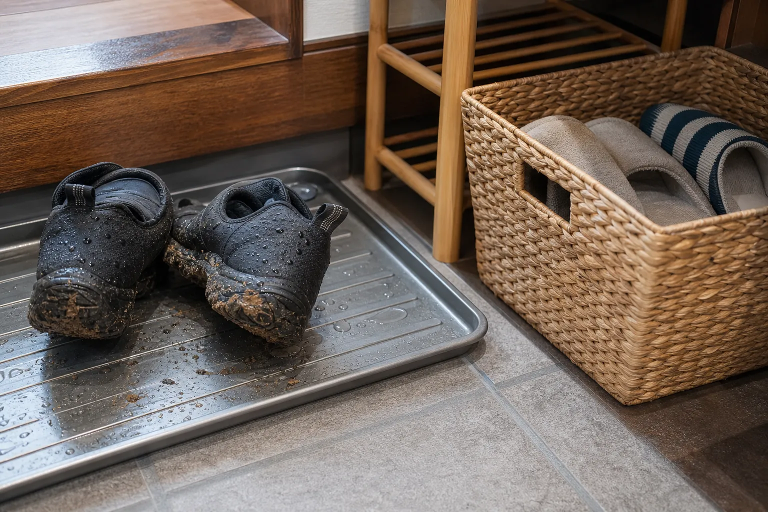 Entryway shoe storage detail showing wet shoes on a tray near natural wood, bamboo, and woven storage surfaces
